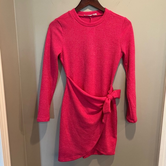 Lush Heathered Hot Pink Faux Wrap Sweater Dress, Size Small. - Picture 4 of 13